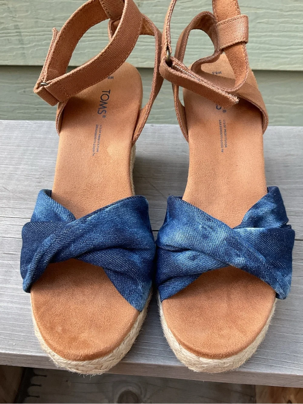 Toms Denim Blue Twist and Tan Espadrille Wedge Sandals